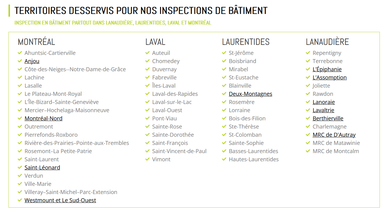 Territoires Inspecteur Bâtiment Montréal - Laval - Laurentides - Lanaudière